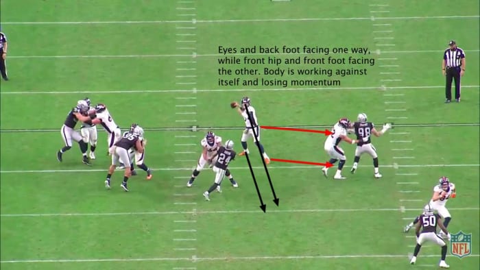 Drew Lock's disjointed throwing mechanics over the middle of the field.